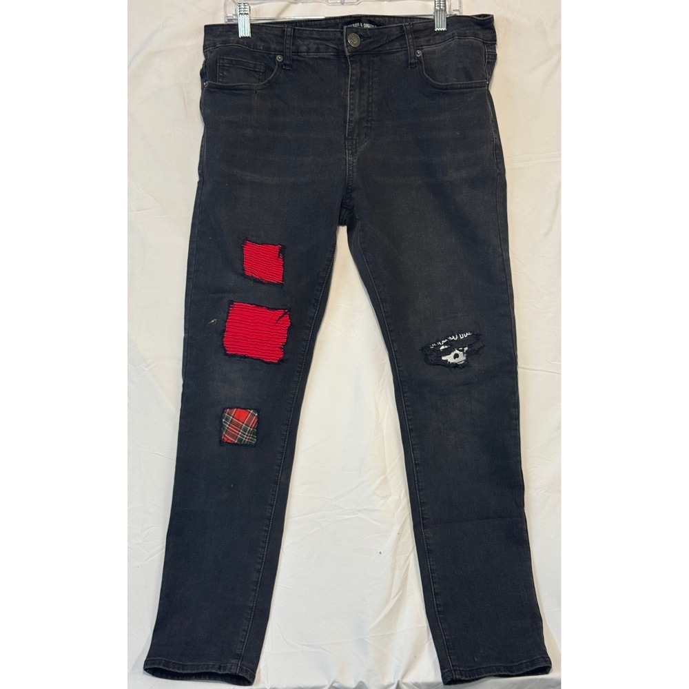 Jackson & Driggs Mens Black Patchwork Skull Distressed Slim Fit Jeans 34x32
